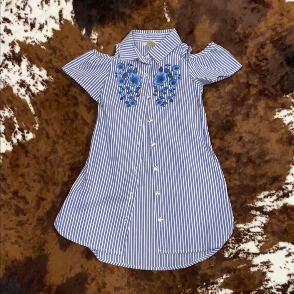 Girls blue and white striped collared dress